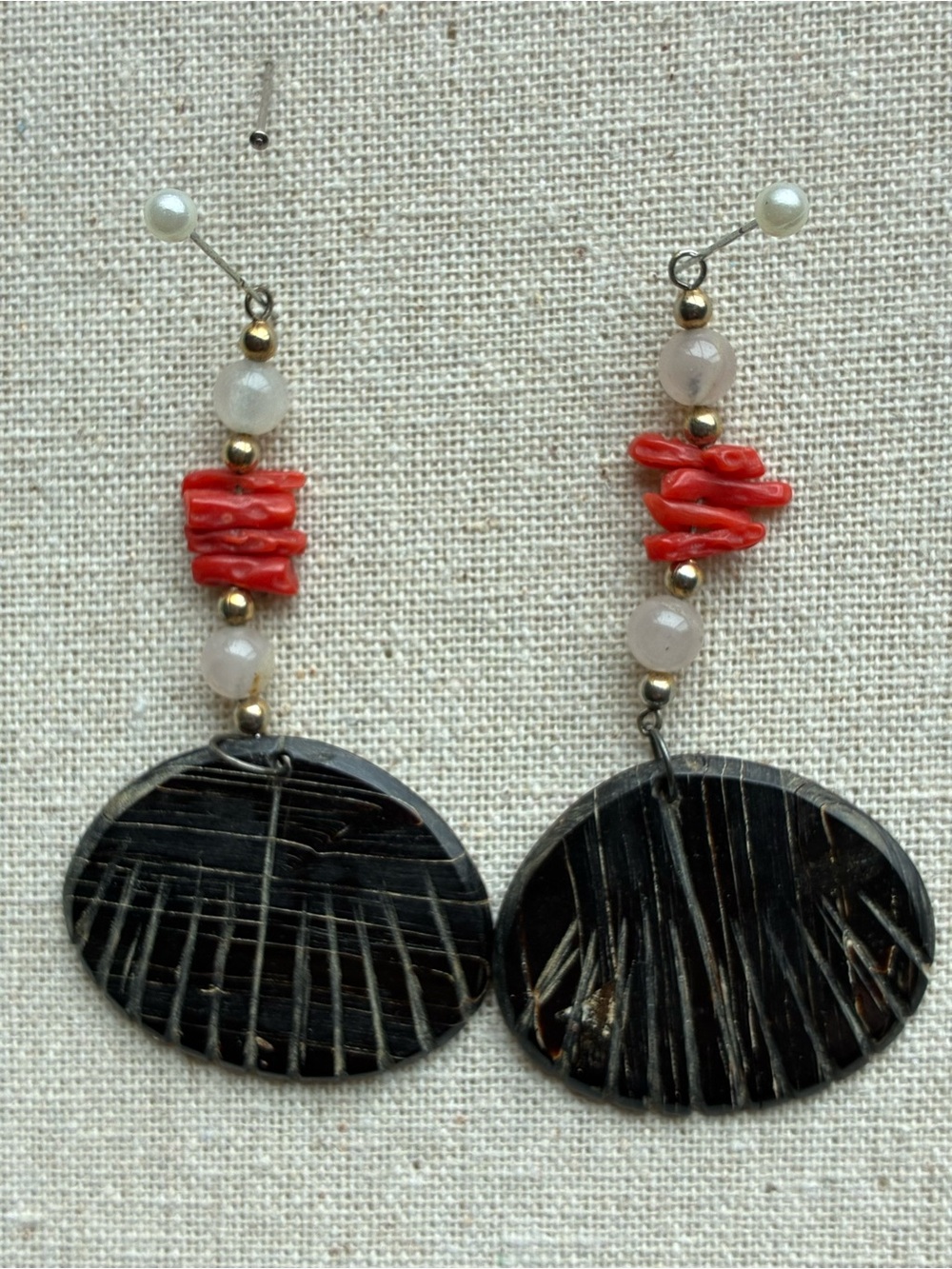 Coral and Carved Shell Dangle Earrings